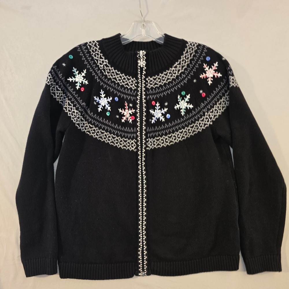 Christopher & Banks Cardigan M Womens Black Fair Isle Snowflake Zip Sweater